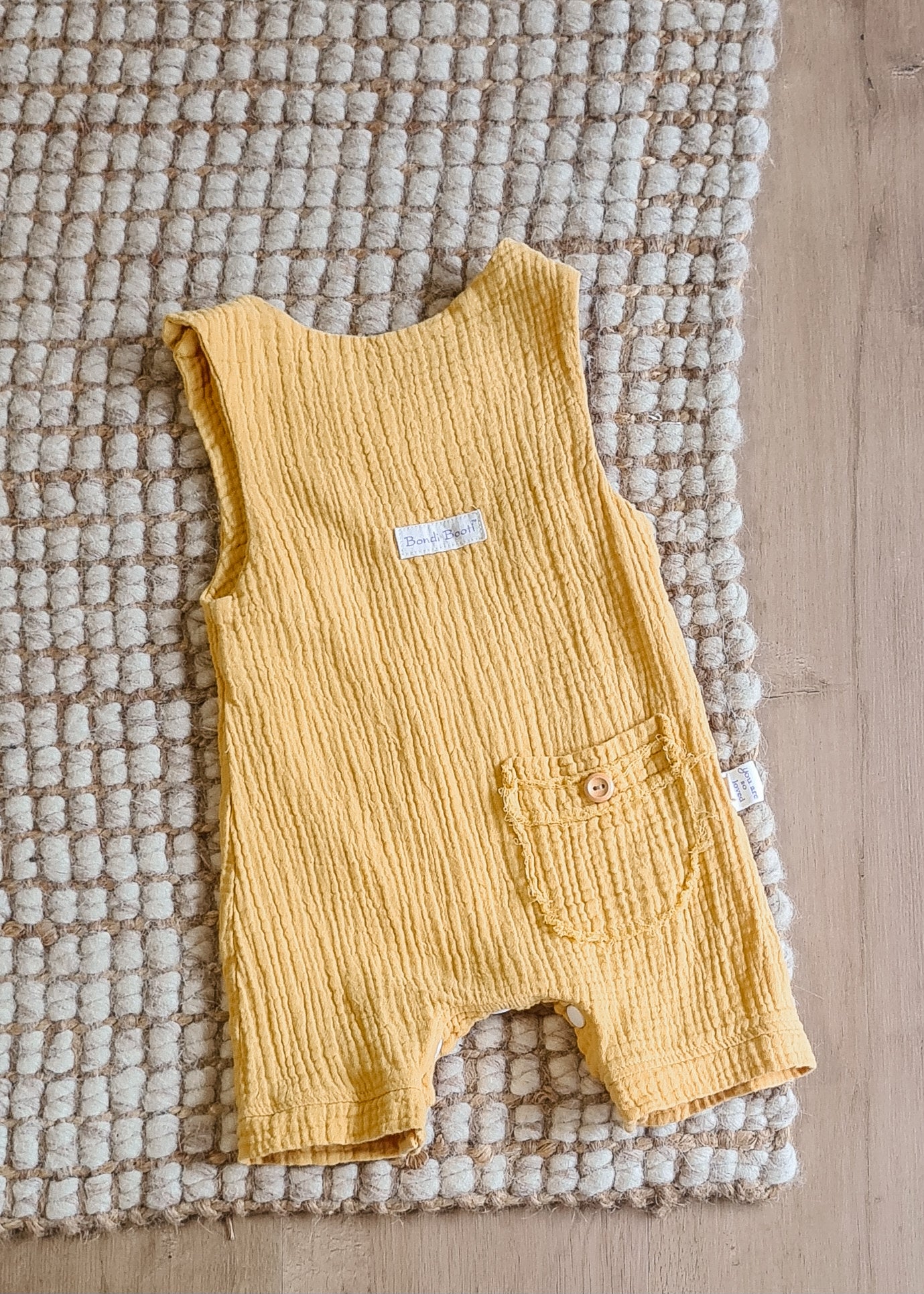 Organic cotton baby romper mustard yellow overalls