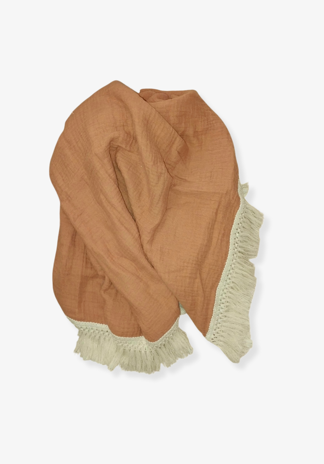 Solid terracotta baby blanket made of soft cotton bamboo fabric with vintage cream fringe detailing.