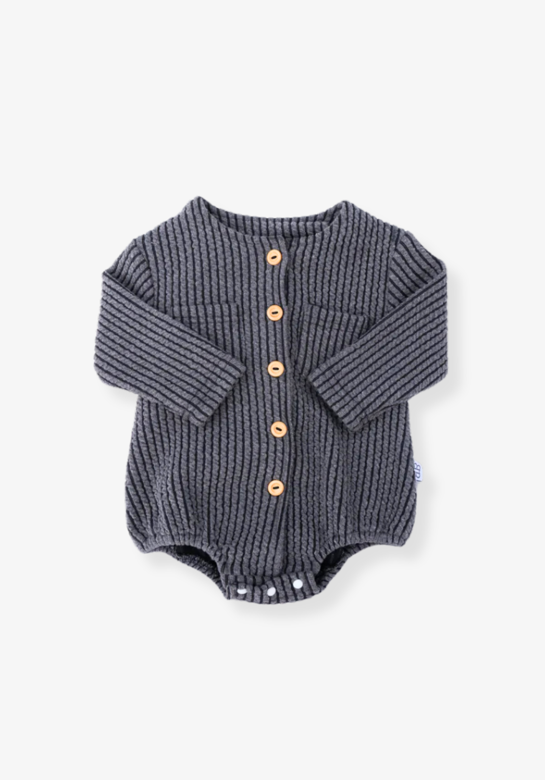 Charcoal cotton baby bubble romper with long sleeve design and gathered leg openings with three snap buttons at the bottom
