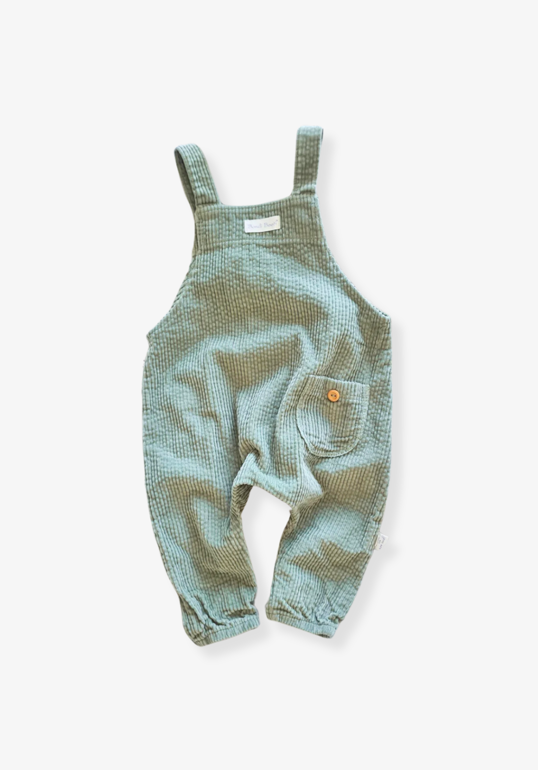 Sage green baby corduroy overall made from soft cotton with front pocket