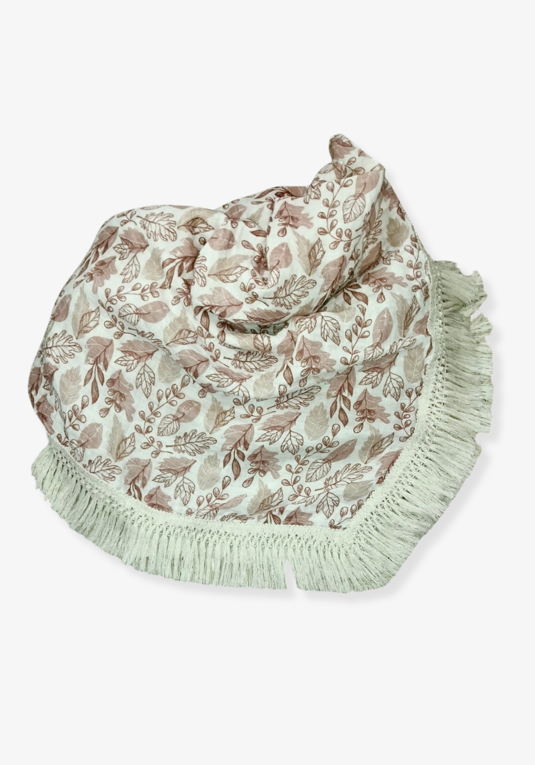 White baby blanket featuring brown and beige leaf patterns with thick fringe trim. Soft cotton-bamboo blend for year-round comfort.