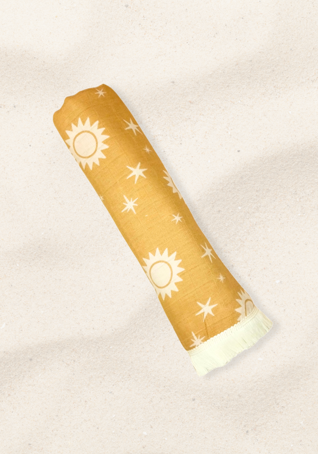 Mustard yellow baby blanket with sun and star print, finished with ivory fringe trim. Lightweight cotton bamboo blend.