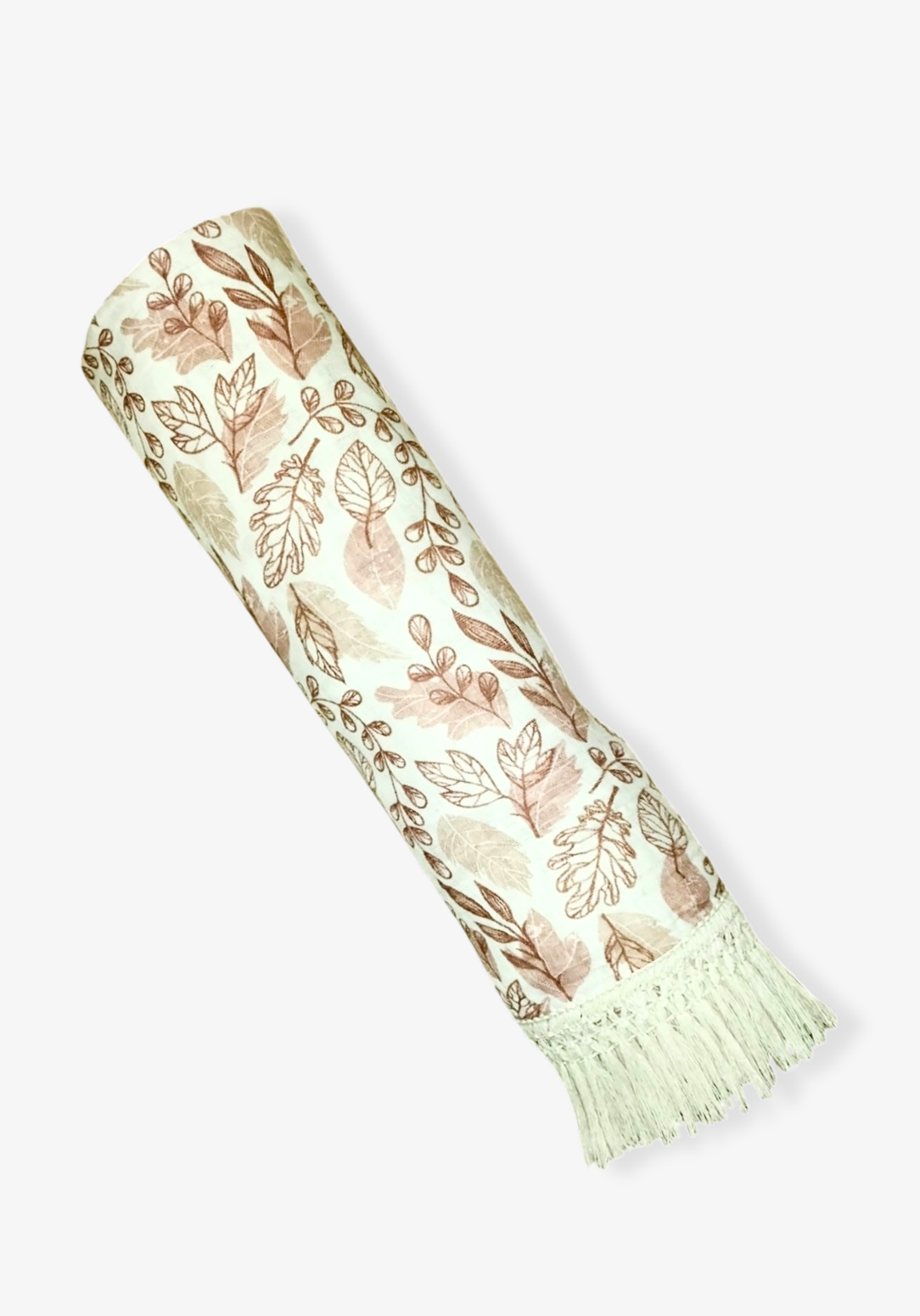 White baby blanket featuring brown and beige leaf patterns with thick fringe trim. Soft cotton-bamboo blend for year-round comfort.