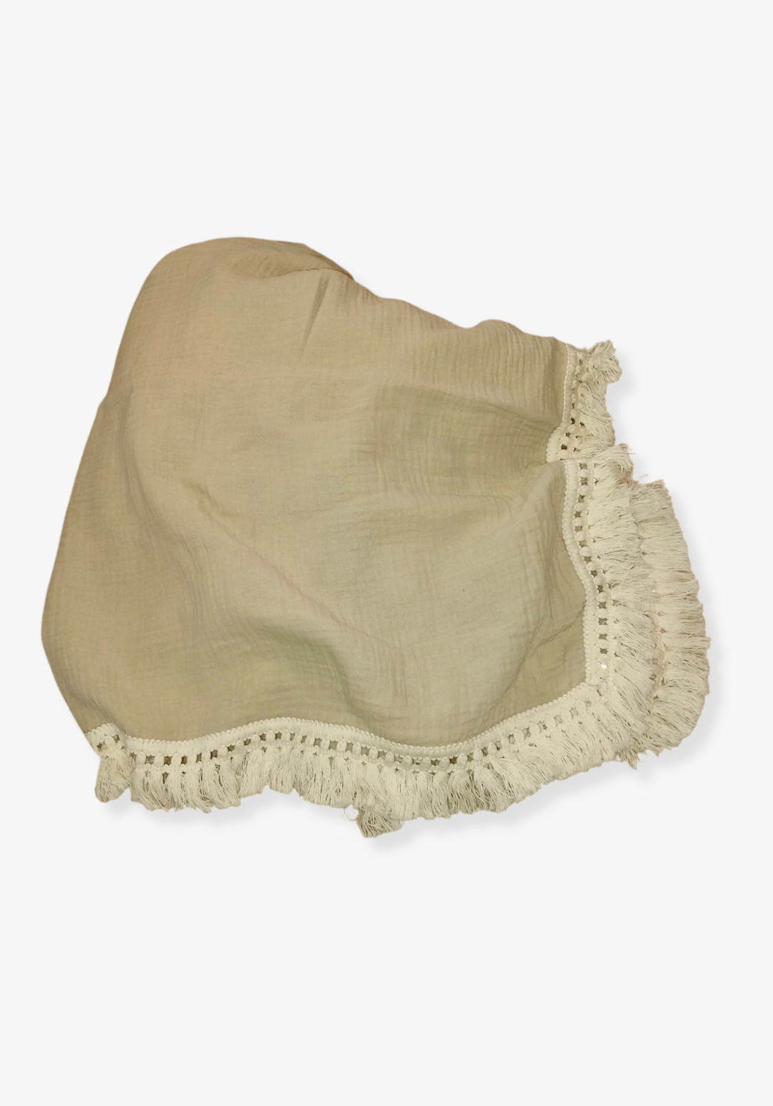 Neutral beige baby blanket with delicate fringe, crafted from cotton and bamboo for softness and breathability.