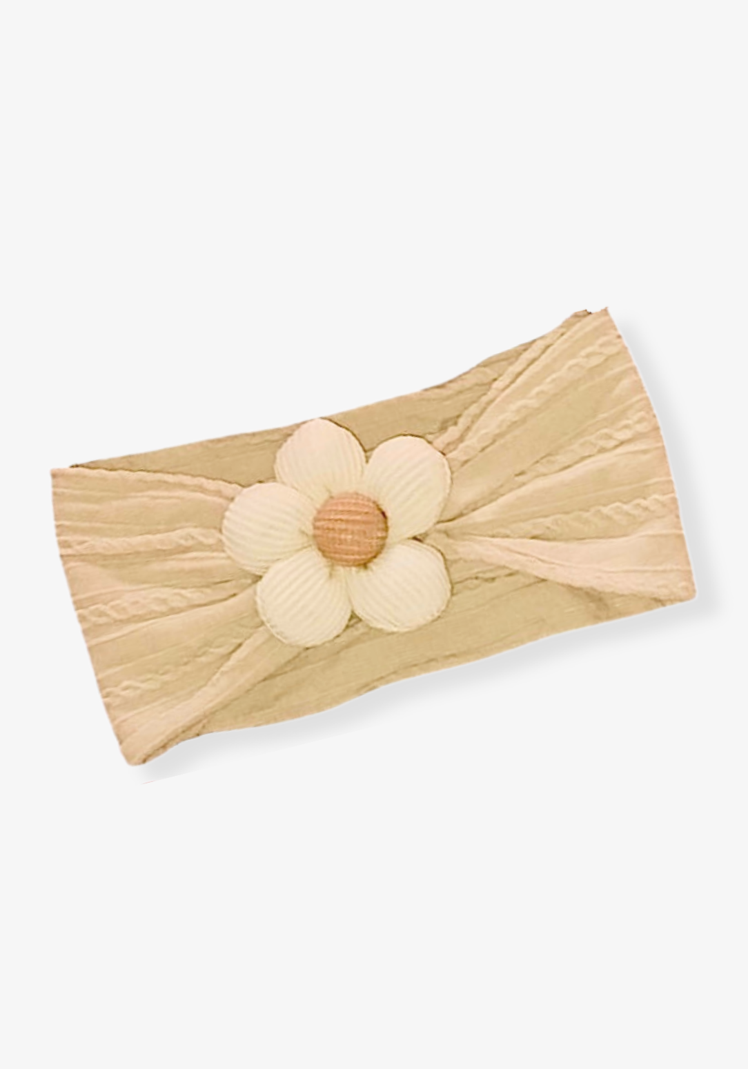 Oat-colored toddler head band with a cream daisy flower sewn at the center.