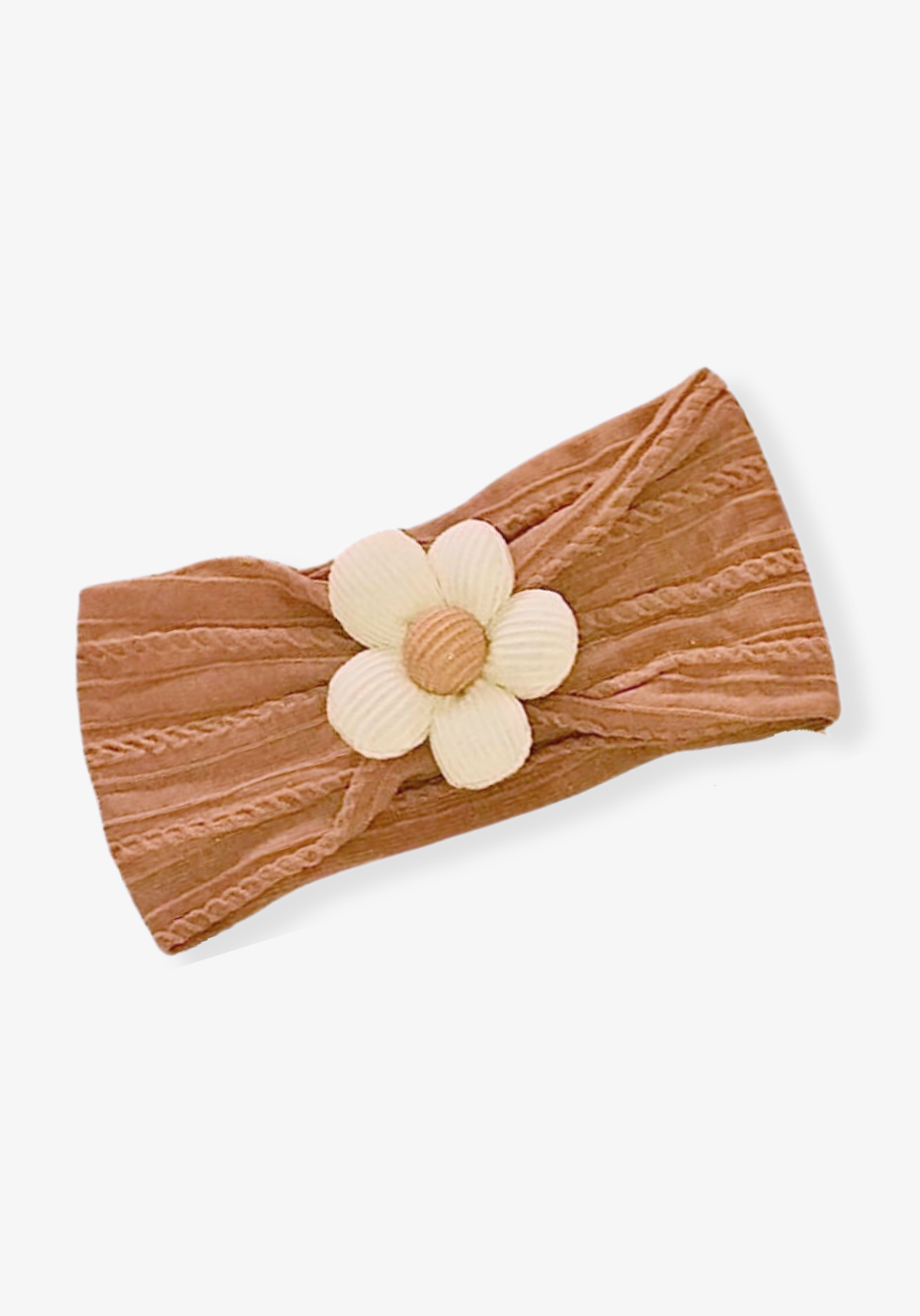 Rust toddler head band with a soft fabric daisy embellishment in the center.