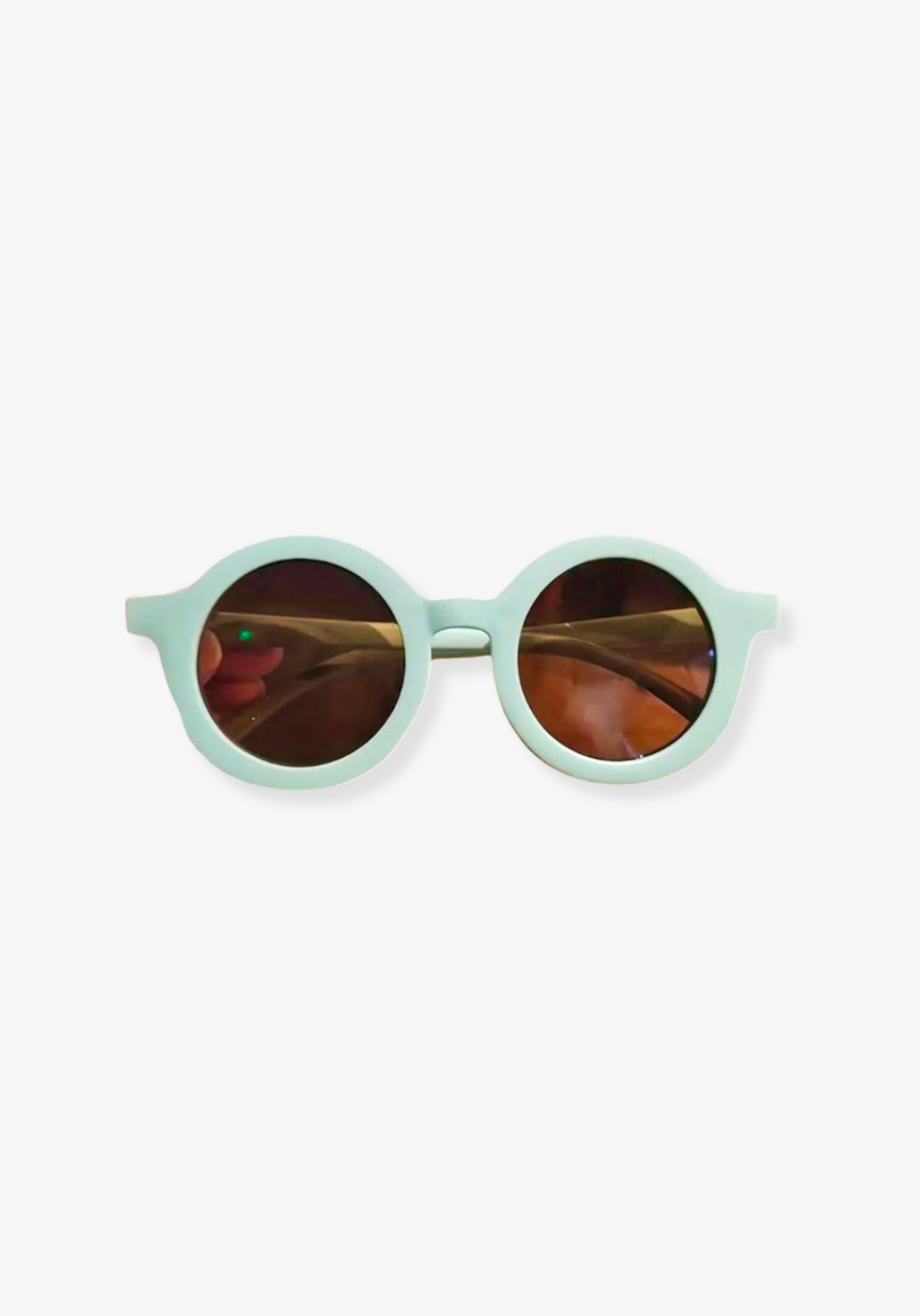 Round mint green toddler sunglasses with brown lenses and a matte frame finish.