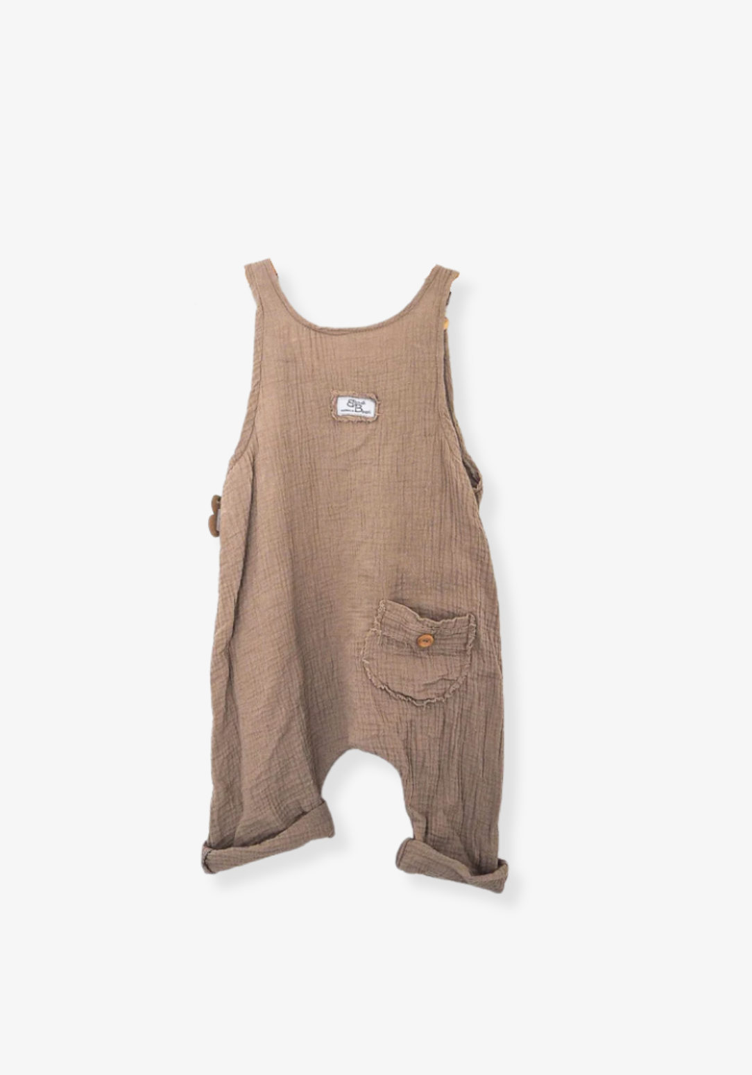 Mocha-colored toddler dungarees made from organic cotton with adjustable button straps and roomy fit