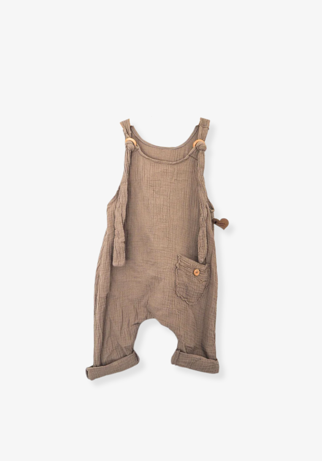Mocha-colored toddler dungarees made from organic cotton with adjustable button straps and roomy fit