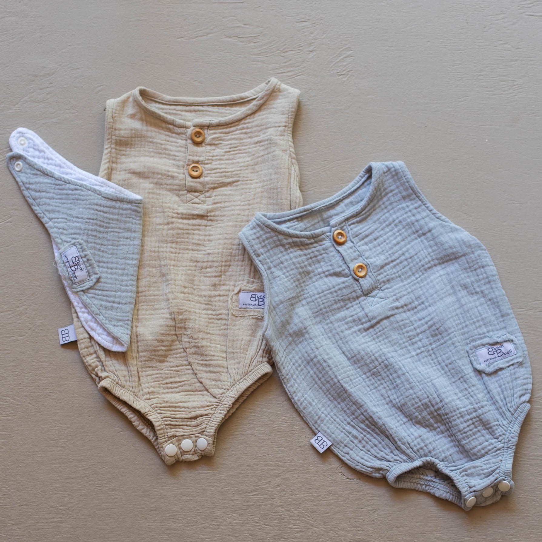Neutral Baby romper beige onesie jumpsuit organic cotton Australian made